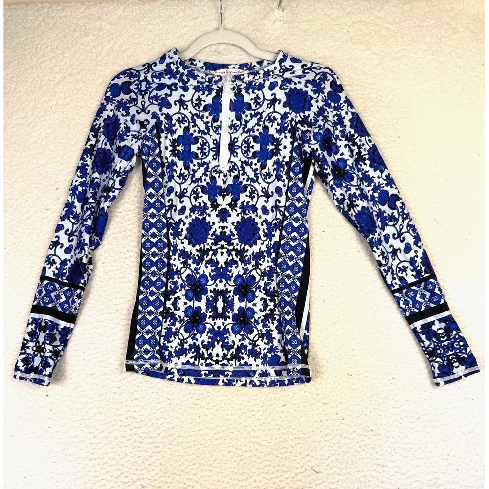 Nanette Lepore Rash‎ Guard Womens Small Blue Floral Long Sleeve Zip Swim Shirt